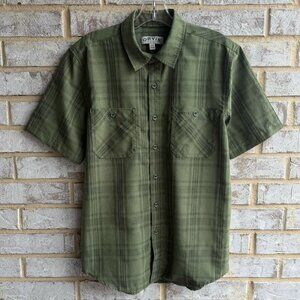 Orvis Short Sleeve Button Up Olive Green Plaid Shirt Men's Size S